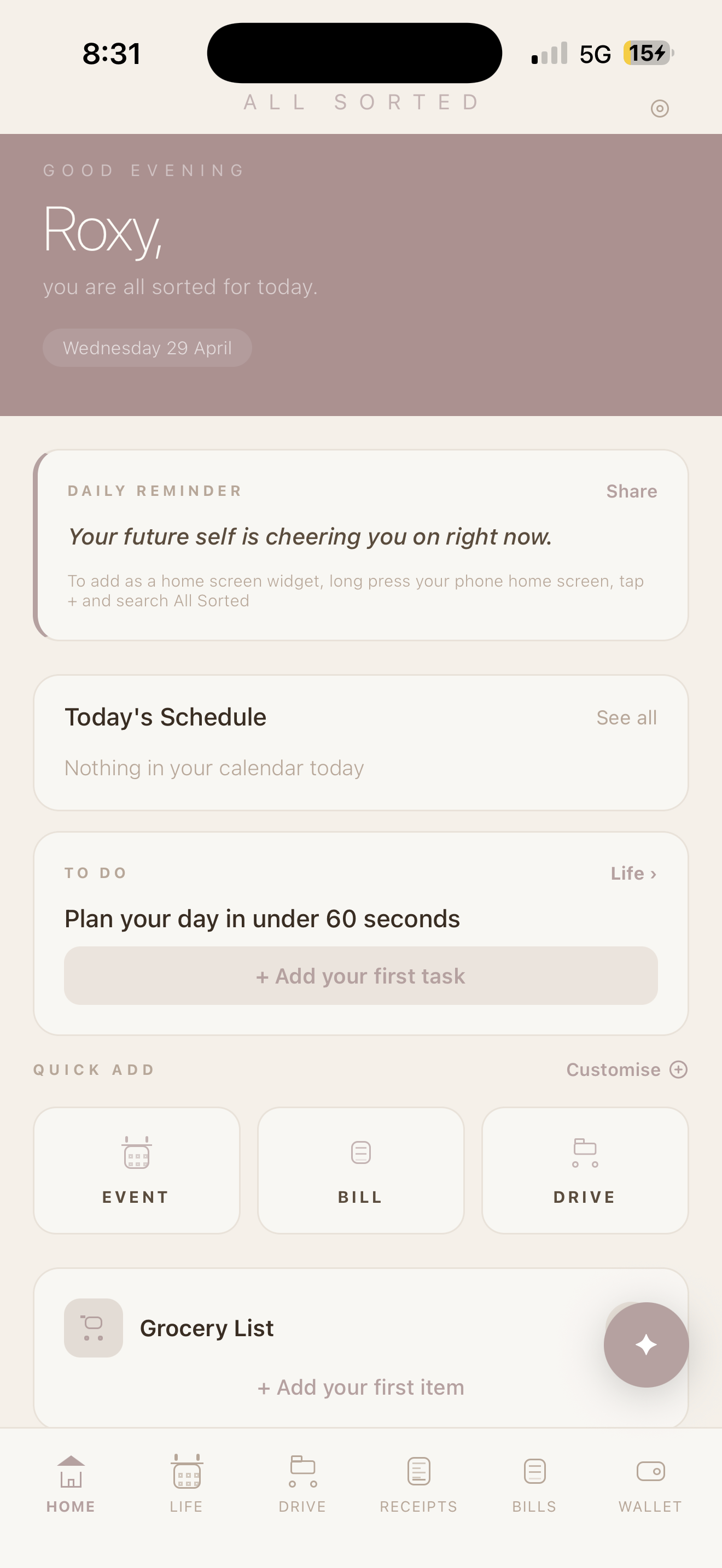 All Sorted app home screen showing your live ATO tax refund, deductions and bills due